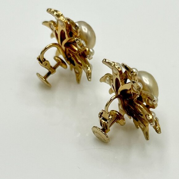ACCESSOCRAFT NYC Gold Tone Faux Pearl Sun Screw Fast Clip On Earrings Vintage - Picture 3 of 12